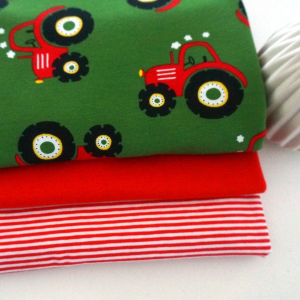 Stoffpaket Jersey, Trecker, Traktor, Rot, Ringel, 50cm Bündchen