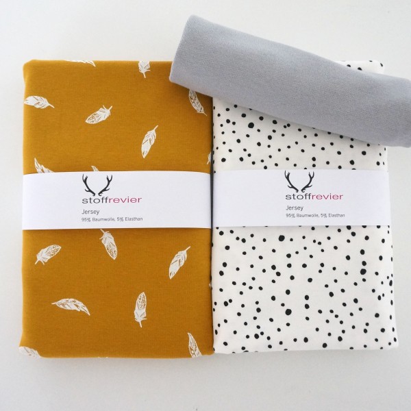 Jersey Stoffpaket Federn Senf, Kleckse Weiß