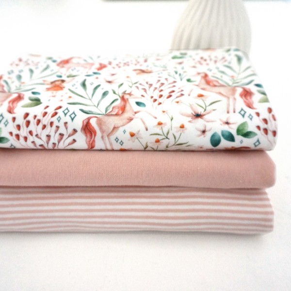 Stoffpaket Jersey, Einhörner und Elfen, Ringel Rosé, 50 cm Bündchen
