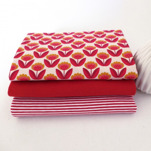 Stoffpaket Jersey, Retroblume, Orange, Ringel, 50 cm Bündchen Rot