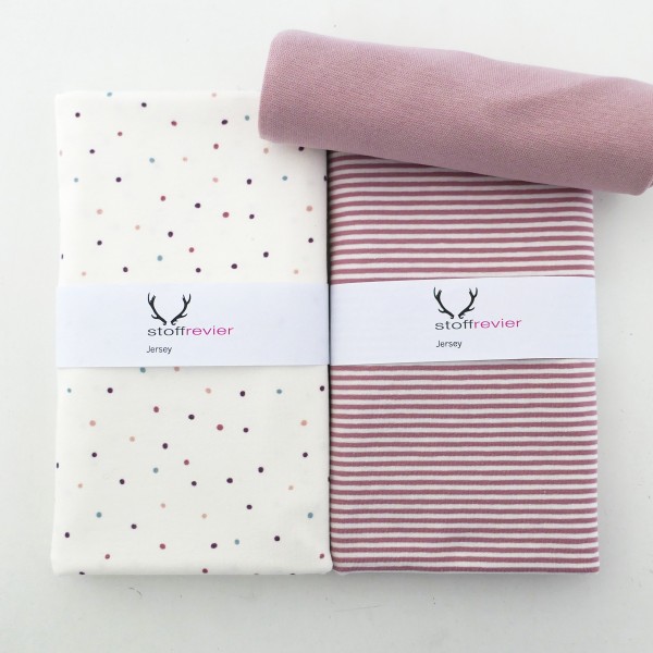 Stoffpaket Jersey, kleine Punkte, Altrosa, Ringel, 50 cm Bündchen Altrosa