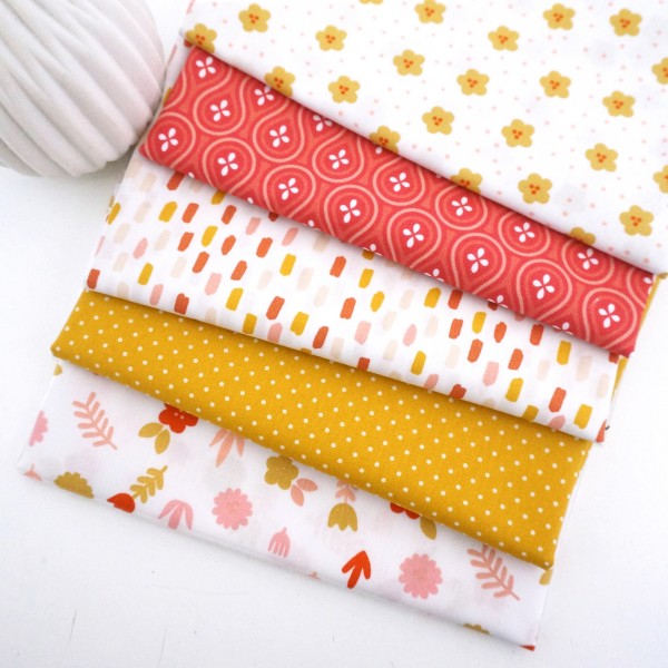 Stoffpaket, 5 x Fat Quarter, Baumwolle, Blumen, Koralle, Senf