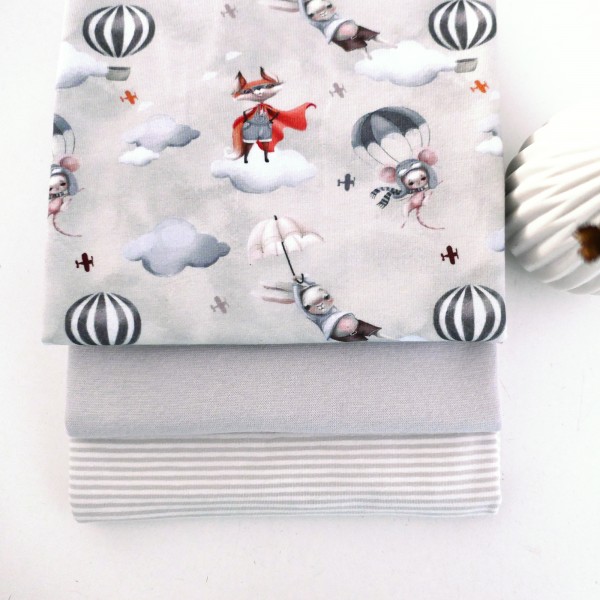 Stoffpaket Jersey Let's Fly, Hellgrau, Ringel, 50 cm Bündchen