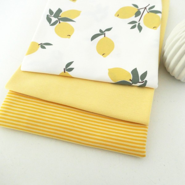 Stoffpaket Jersey, große Zitronen, Ringel Gelb, 50 cm Bündchen