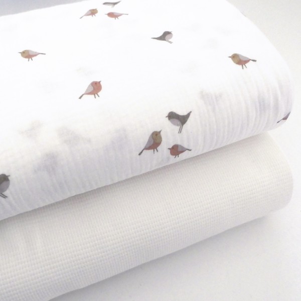 Musselin, Double Gauze, Vögel, Off-White, Meterware