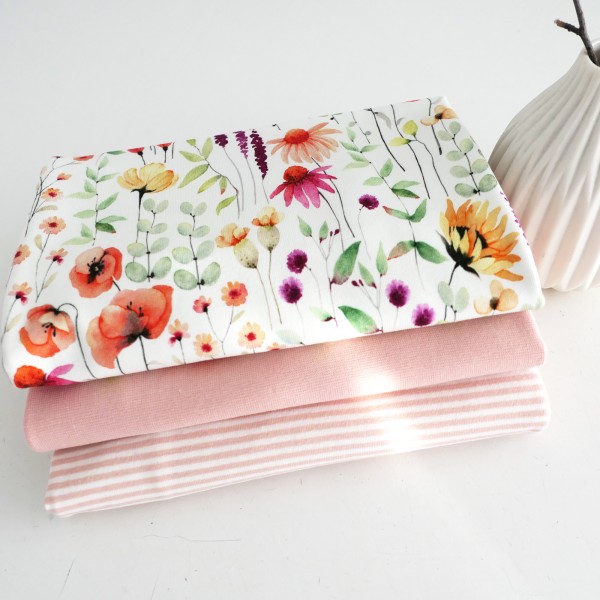 Stoffpaket Jersey Wiesenblumen, Off-White, Ringel Lachsrosa, Bündchen