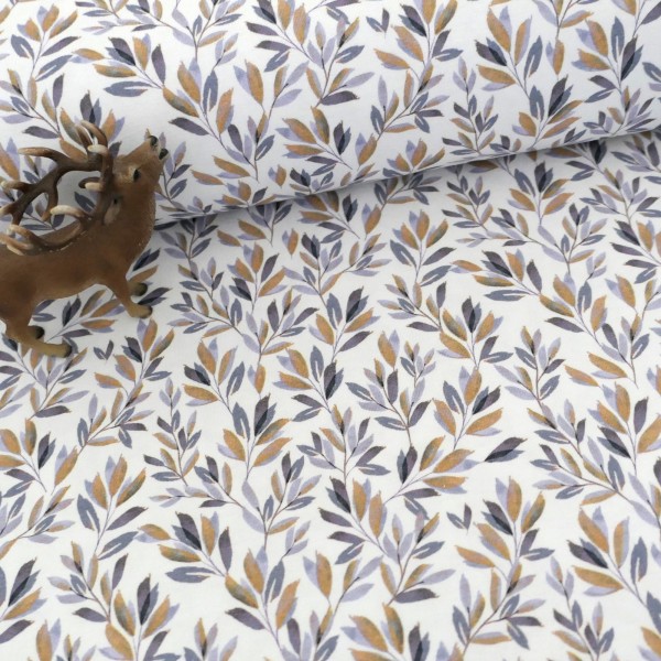 Jersey Blätter, Zweige, Mauve, Senf, Meterware