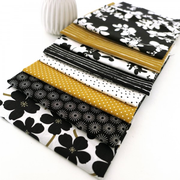 8 x Fat Quarter, Black, White, Mustard, Stoffpaket, Blüten, Kleckse, Linien, Baumwolle