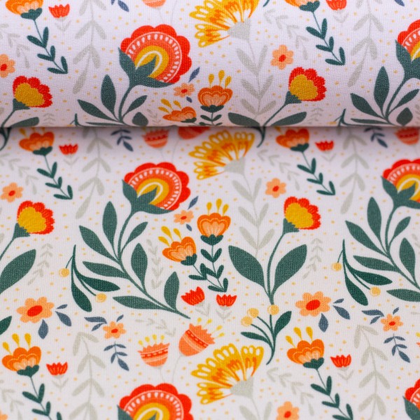 French Terry, Fields of Joy, Blumen, Weiß, Bunt, Meterware