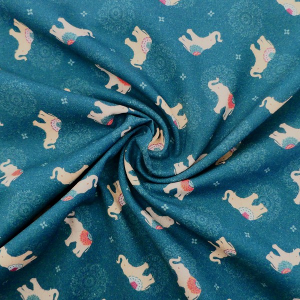 Baumwollstoff, Popelin, Elefanten, Blau, Meterware