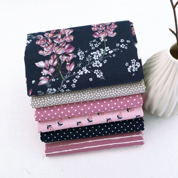 6 x Fat Quarter 'Wisteria' Blüten, Punkte, Kleckse, Linien, Patchwork, Paket