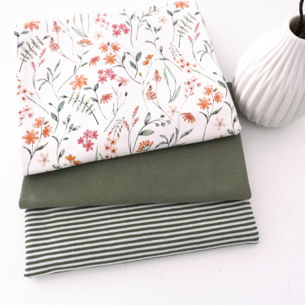 Jersey Stoffpaket, Blüten, Zweige, Ringel, Bündchen Moos