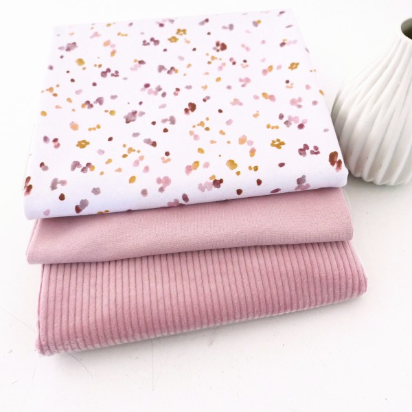 Stoffpaket Jersey Kleckse Water Colour, Cord Uni Altrosa, Bündchen