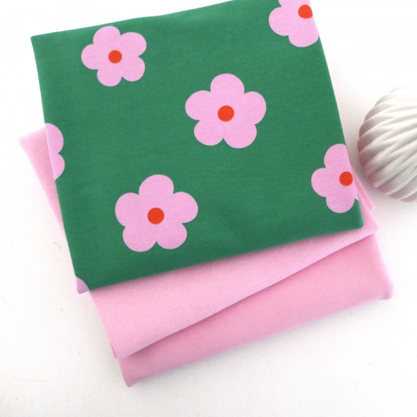 Jersey Stoffpaket, Prilblumen, Blüten, Rosa/Grün, French Terry Uni Rosa, 50cm Bündchen-Copy