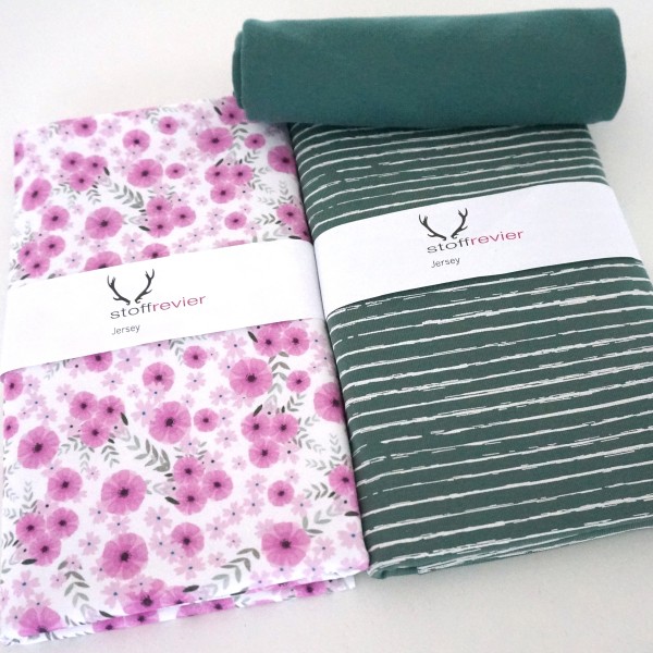 Stoffpaket Jersey, Blumen, Pink Linien Altgrün, Bündchen