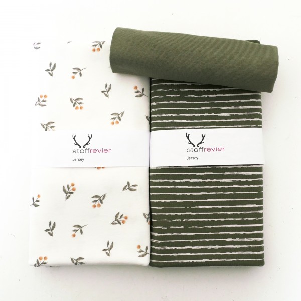 Stoffpaket Jersey, kleine Zweige Off-White, Linien Khaki, 50cm Bündchen