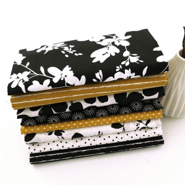 8 x Fat Quarter, Black, White, Mustard, Stoffpaket, Blüten, Kleckse, Linien, Baumwolle