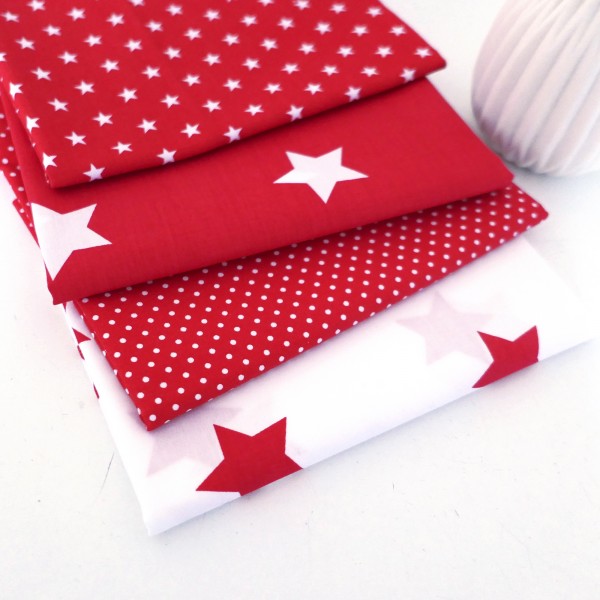Stoffpaket Baumwolle, 4 x 50 x 140 cm, große Sterne, Dots, Rot/Weiß
