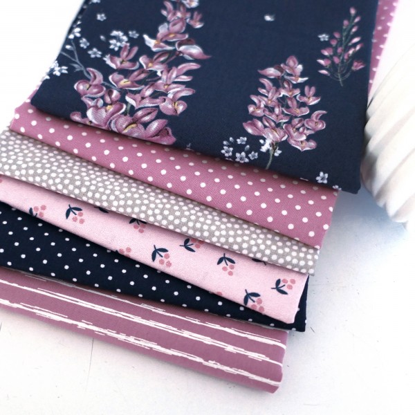 6 x Fat Quarter 'Wisteria' Blüten, Punkte, Kleckse, Linien, Patchwork, Paket
