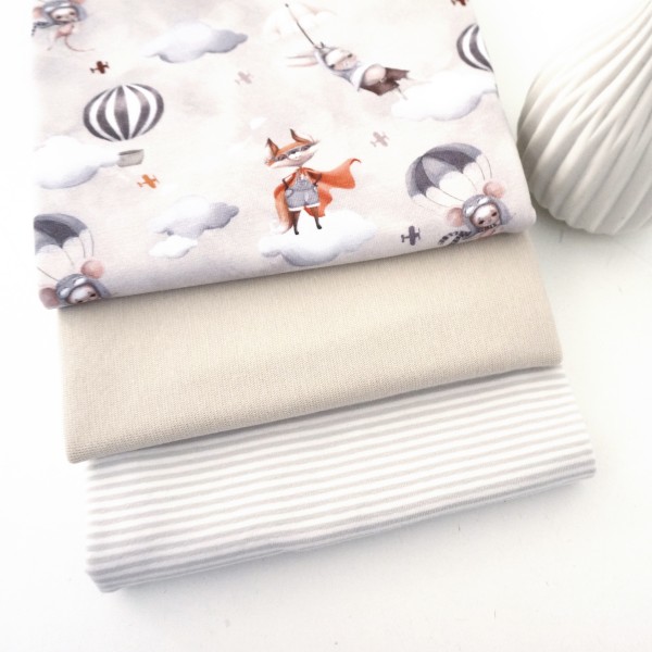 Stoffpaket Jersey Let's Fly, Warmgrau, Ringel, 25 cm Bündchen