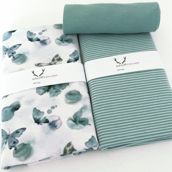Stoffpaket Jersey Butterfly, Schmetterlinge, Ringel u. 50 cm Bündchen Mint