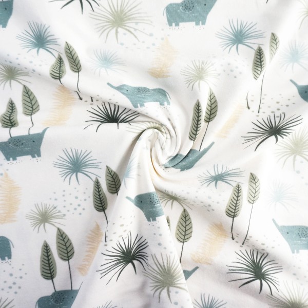 Jersey Elefanten, Bäume, Off-White, Meterware