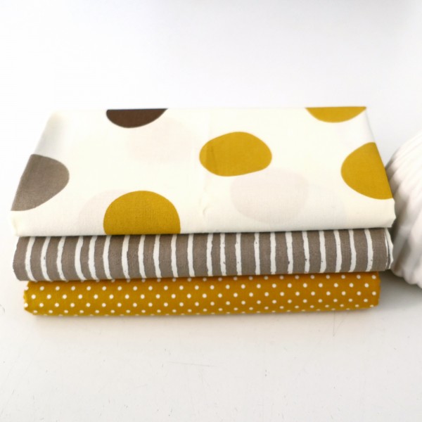 Stoffpaket Baumwolle, 3 Stoffe, Birch, swafing, Taupe, Senf, Kleckse, Linien, Punkte
