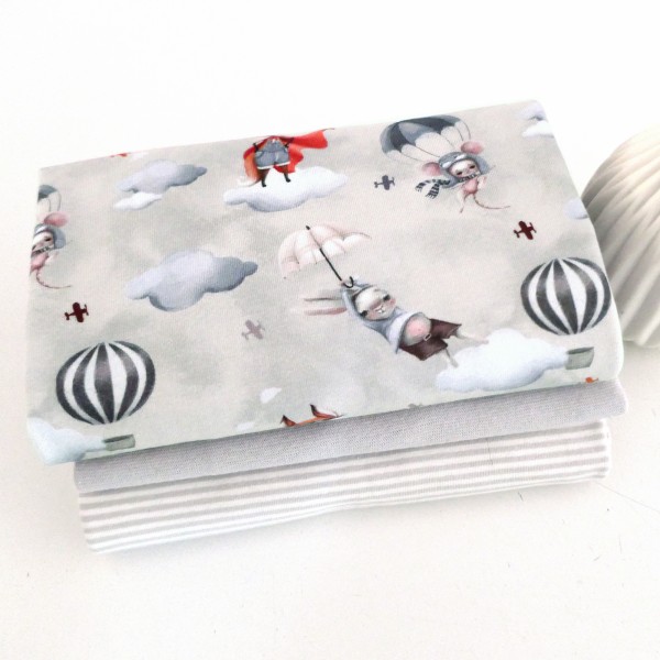 Stoffpaket Jersey Let's Fly, Hellgrau, Ringel, 50 cm Bündchen