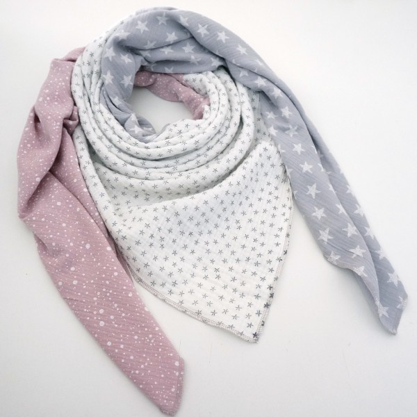 Halstuch Musselin XXL 4 Designs, Rosa, Hellgrau, Weiß