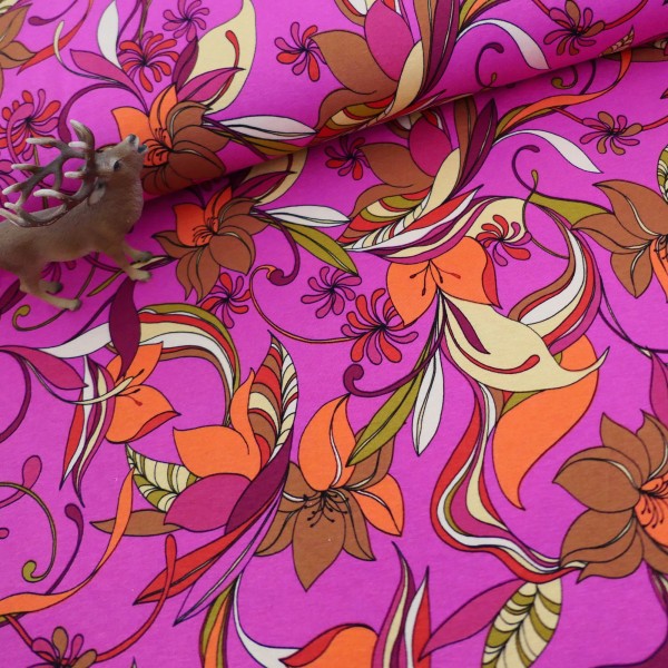 Viskosejersey, Lilien, 70er, Pink, leichter Kleiderstoff, Meterware
