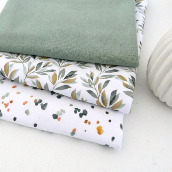 Stoffpaket Jersey Blätter, Zweige, Kleckse, Salbei, 50cm Bündchen