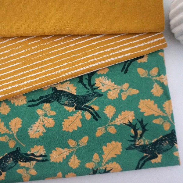 Stoffpaket Jersey, Natural Stamp, Hirsche, Linien Senf Bündchen