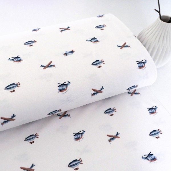 Jersey Flugobjekte, Hubschrauber, Ballons, Off-White, Blau, Meterware