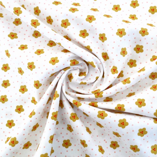 Baumwollstoff, Popelin, Blumen, Weiß, Gelb, Meterware