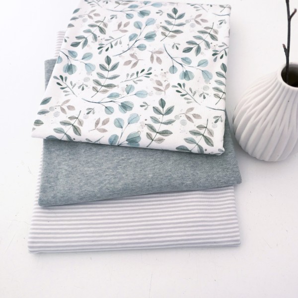 Jersey Stoffpaket, Zweige, Blätter, Mint, Ringel, Hellgrau, 25cm Bündchen