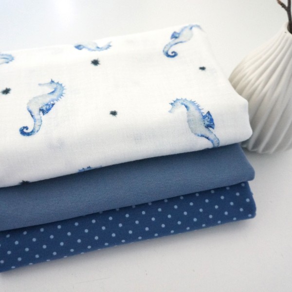 Stoffpaket Musselin/Jersey, Seepferdchen, Weiß/Blau, Punkte