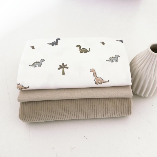 Stoffpaket Jersey Dinosaurier, Off-White, Jersey-Cord Uni Beige, Bündchen