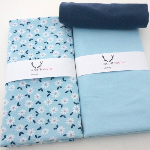 Stoffpaket Jersey, Streublumen, Uni Hellblau, Bündchen