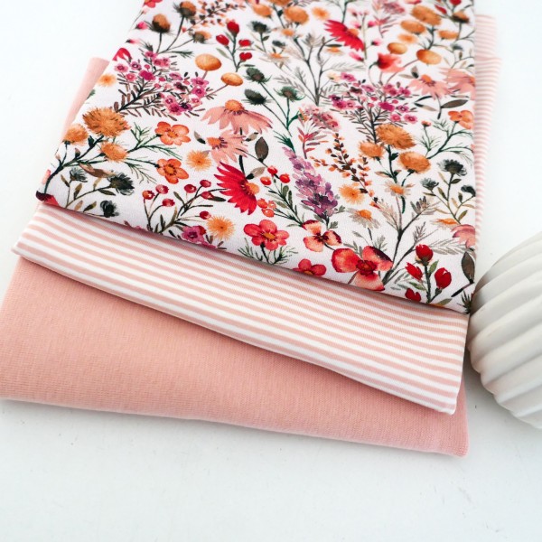 Stoffpaket Jersey, Flowers, Wildblumen, Ringel u. Bündchen Mint