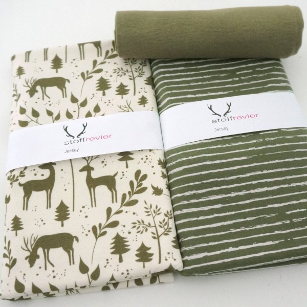 Stoffpaket Jersey, 'Miniwinter', Rotwild, Linien Moos, Bündchen