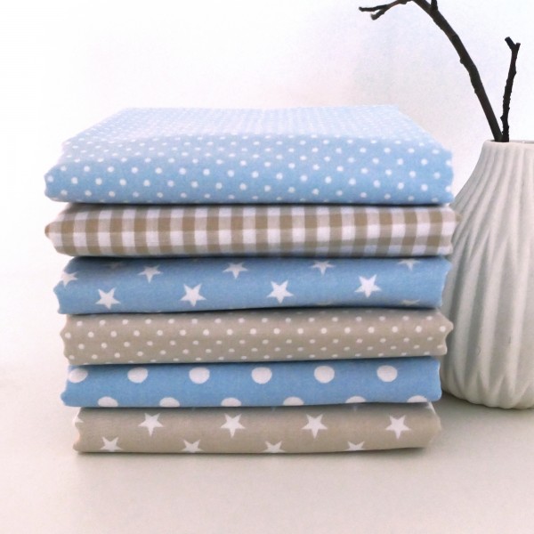 Stoffpaket Baumwolle, 6 x 50 x 144 cm, Hellblau, Creme, Patchwork