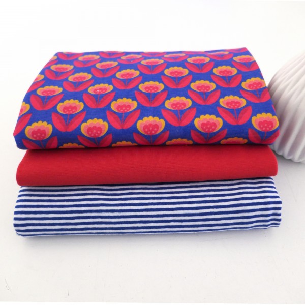 Stoffpaket Jersey, Retroblume, Blau, Ringel, 50 cm Bündchen Rot