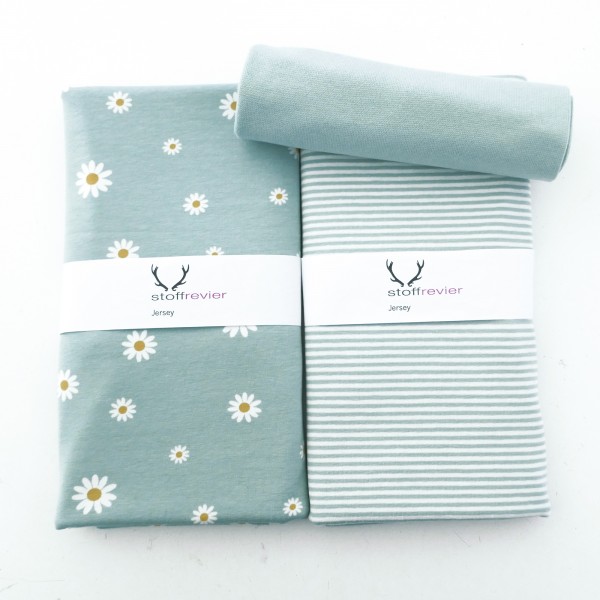 Stoffpaket Jersey, Margheriten, Mintblau, Ringel, Bündchen