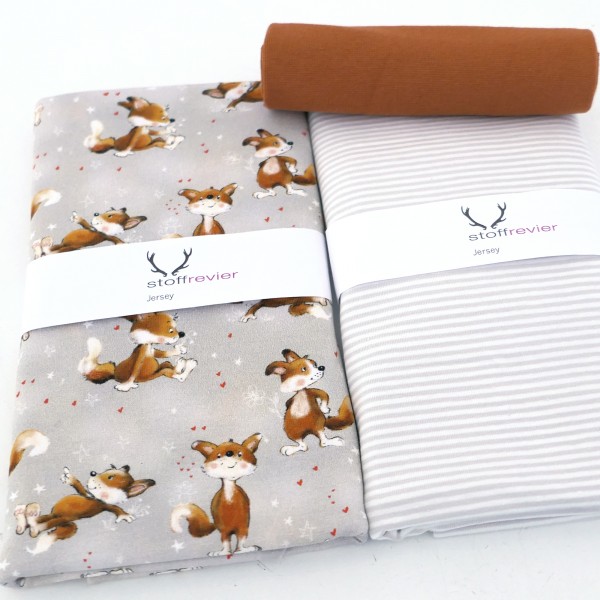 Stoffpaket Jersey 'freche Füchse' Grau, Ringel, 50cm Bündchen Ocker