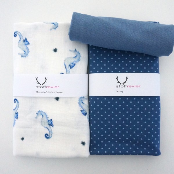 Stoffpaket Musselin/Jersey, Seepferdchen, Weiß/Blau, Punkte