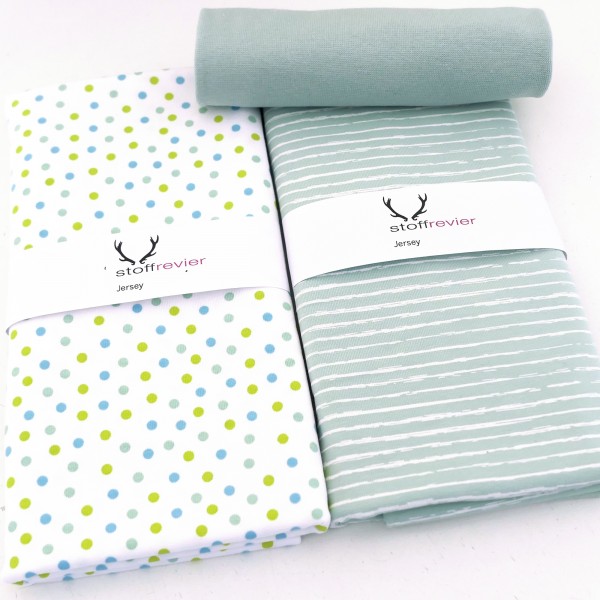 Stoffpaket Jersey, Ink Dots, Weiß/Mint/Blau, Linien Mint, 50cm Bündchen