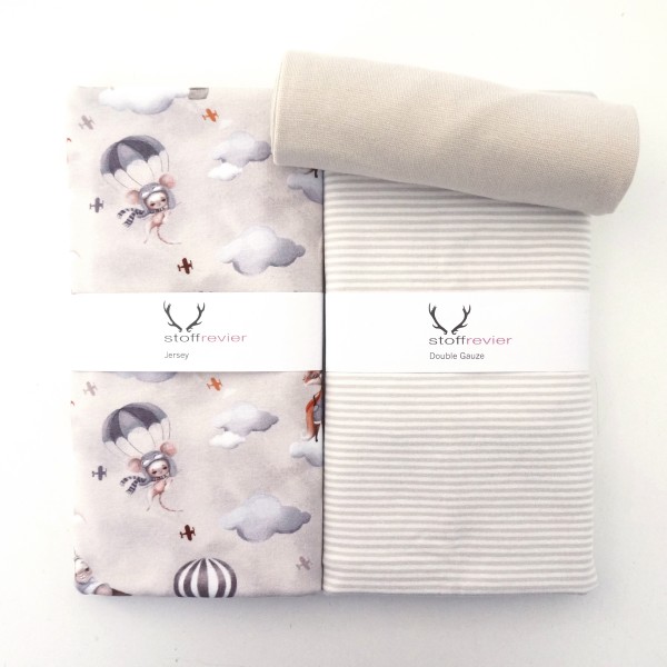 Stoffpaket Jersey Let's Fly, Warmgrau, Ringel, 25 cm Bündchen