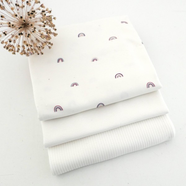 Stoffpaket Jersey Regenbögen Off-White, Ripjersey Uni, Bündchen