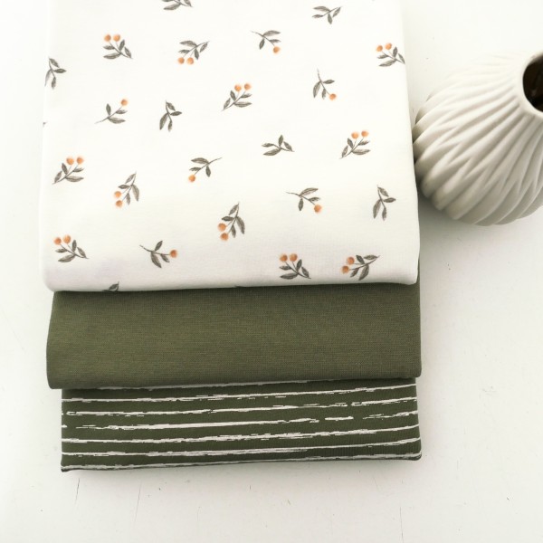 Stoffpaket Jersey, kleine Zweige Off-White, Linien Khaki, 50cm Bündchen