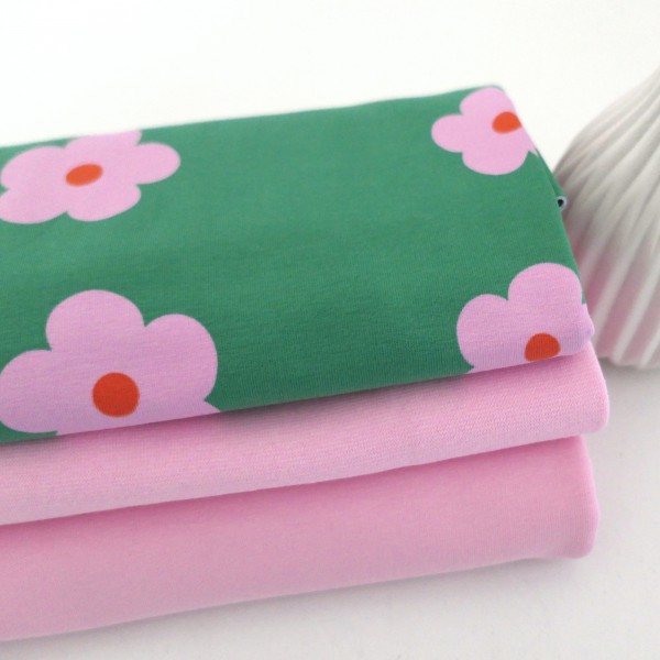 Jersey Stoffpaket, Prilblumen, Blüten, Rosa/Grün, French Terry Uni Rosa, 50cm Bündchen-Copy